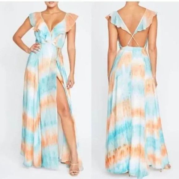 Luxxel Blue Orange Tie Dye Chiffon Frill Maxi Dress Blue Orange Sz M - Picture 1 of 11